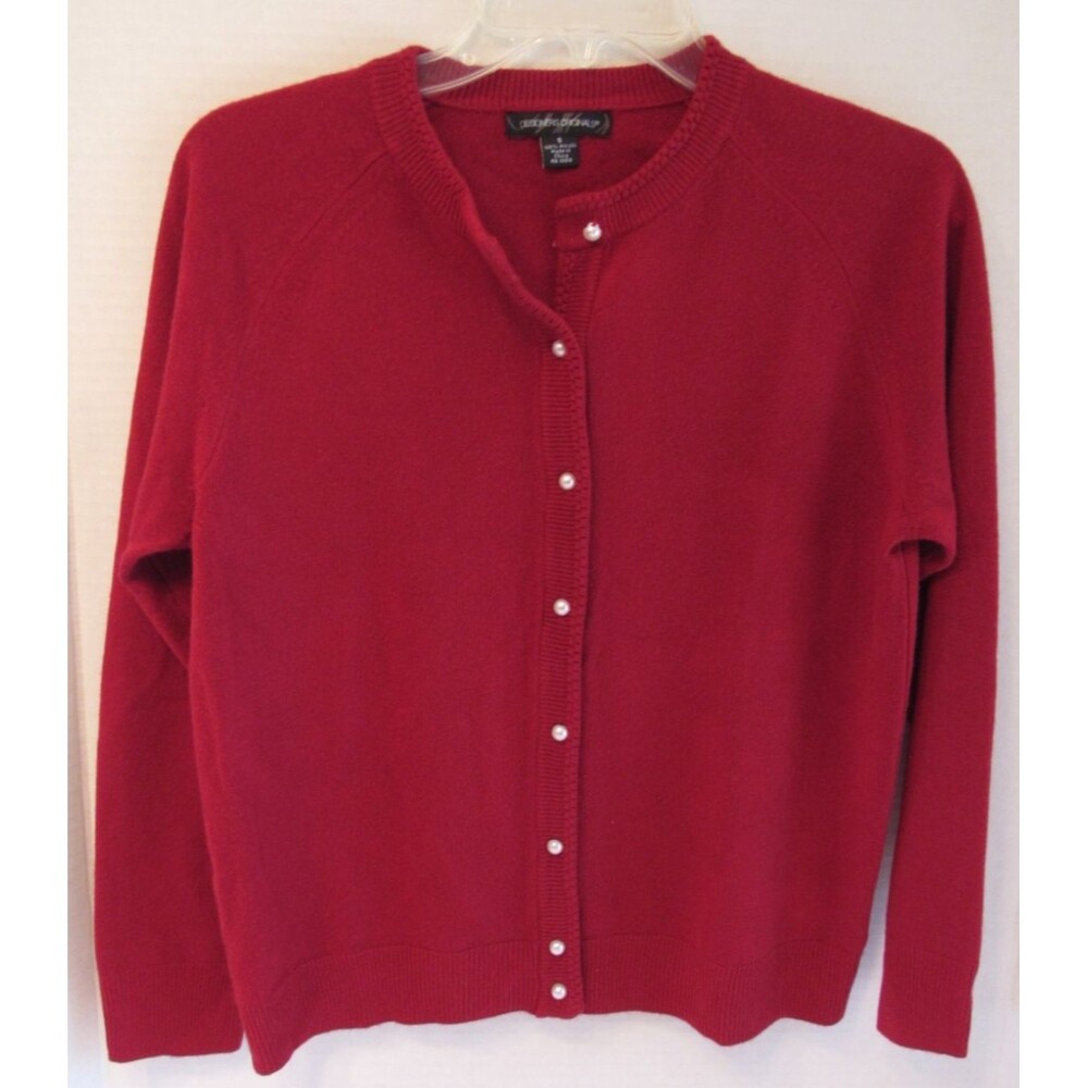 Designer Originals Red Faux Pearl Button Up Ribbed Knit Cardigan Sweater Size S
